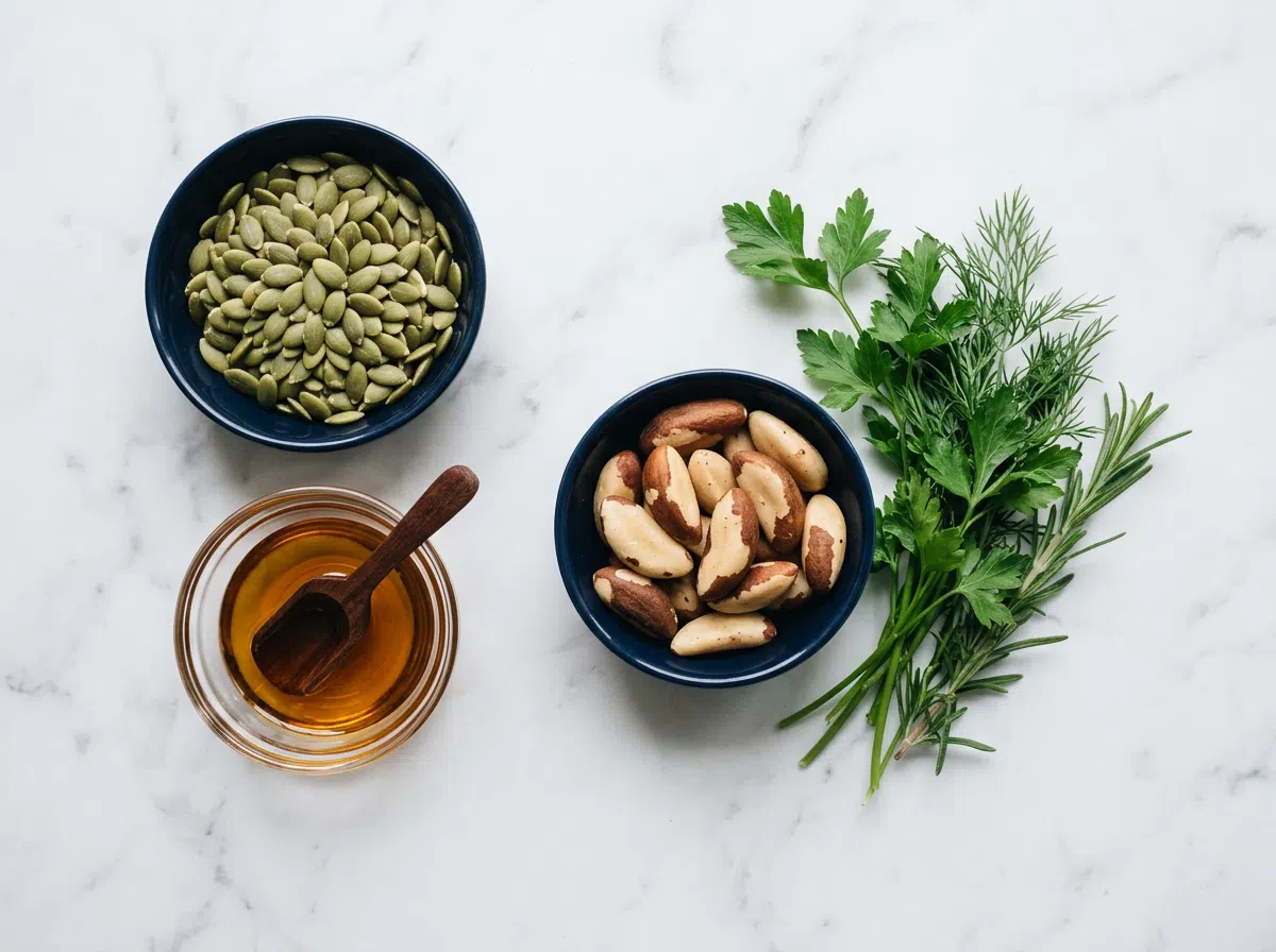 Pompoenzaden, paranoten en tarwekiemolie - zink selenium vitamine E voedingssupplement mannen